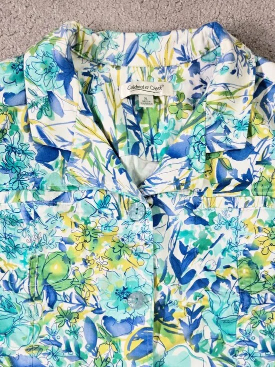 Coldwater Creek Blue Teal Floral Watercolor Line Art Jacket Artsy Art to Wear - Picture 4 of 8